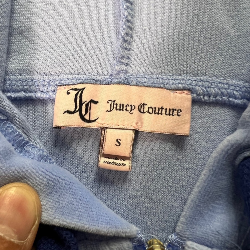 Juicy Couture Velour Short Sleeve Hoodie Blue Rhinestone Logo Zip Up Small - Picture 5 of 8